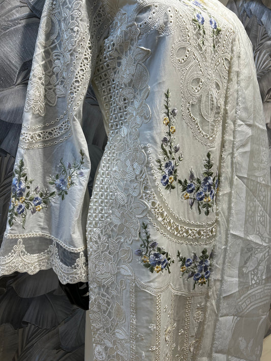 Antique white cotton embroidered suit with floral threadwork in blue and yellow, cutwork detailing, and matching dupatta
