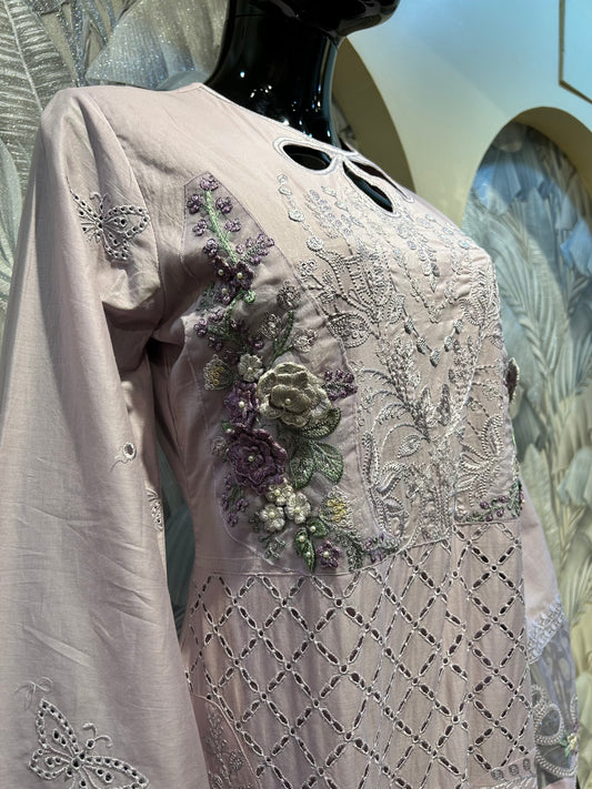Pale silver cotton embroidered suit with 3D floral appliqué, pearl bead accents, cutwork embroidery, and matching dupatta