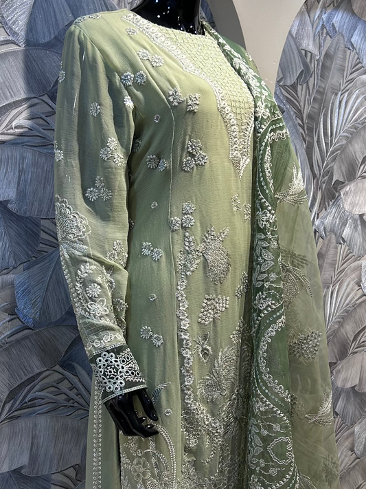 Artichoke Green Chiffon Embroidered Suit with Dupatta