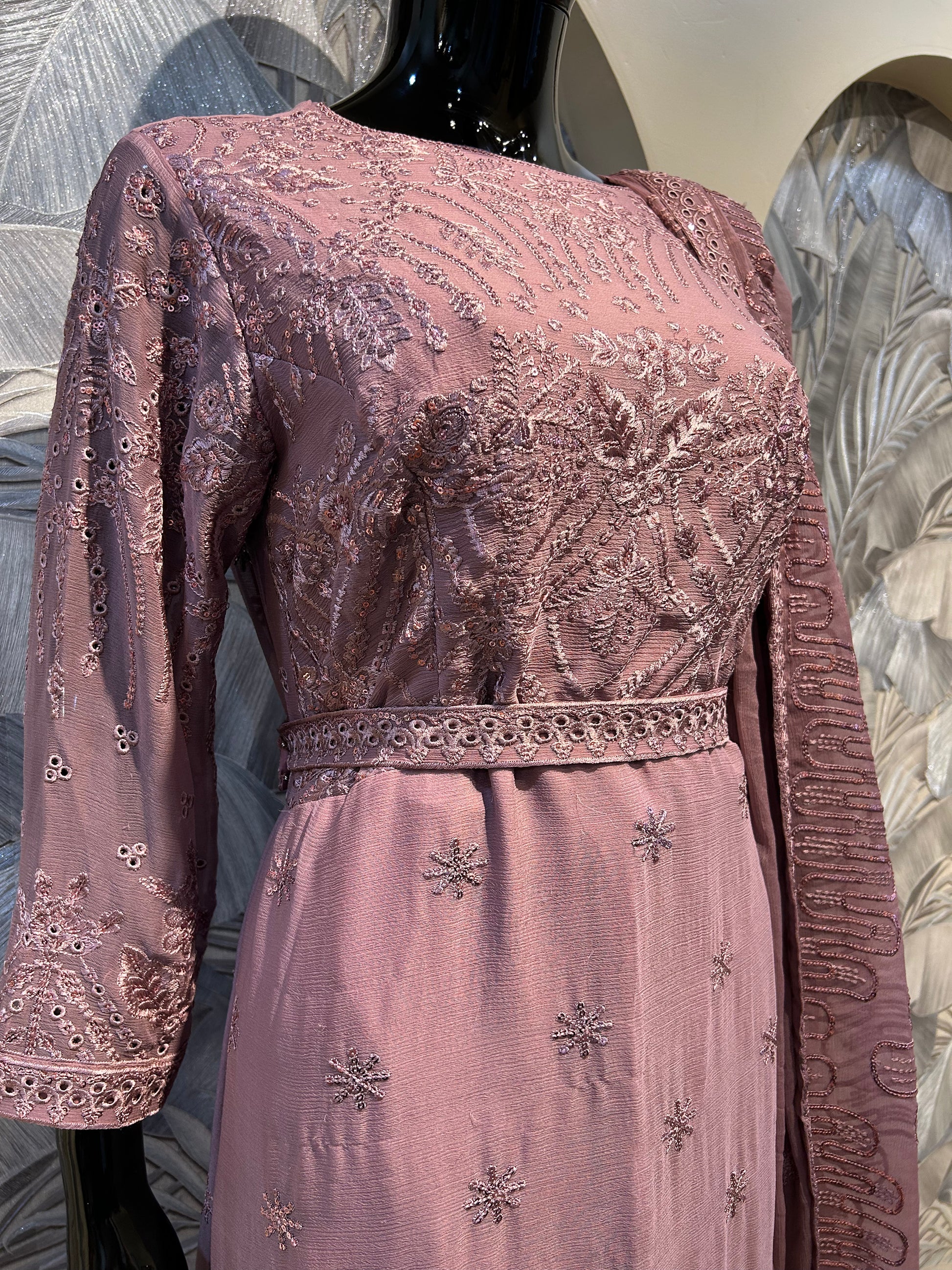 Deep taupe chiffon suit with tonal embroidery, sequin detailing, waist belt, and matching embroidered dupatta