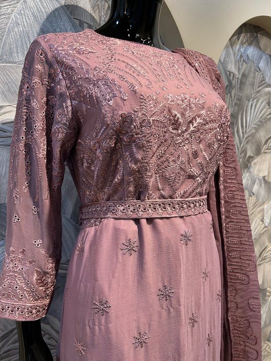 Deep taupe chiffon suit with tonal embroidery, sequin detailing, waist belt, and matching embroidered dupatta
