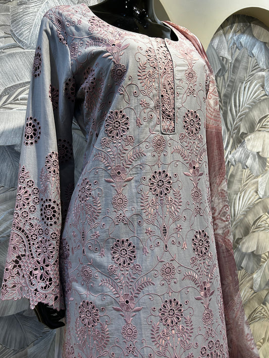 Tuscany Cotton Suit with Parrot Pink Embroidery and Dupatta