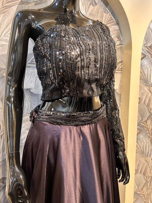 Black one-shoulder sequin crop top paired with flowing old lavender silk skirt, perfect for party wear