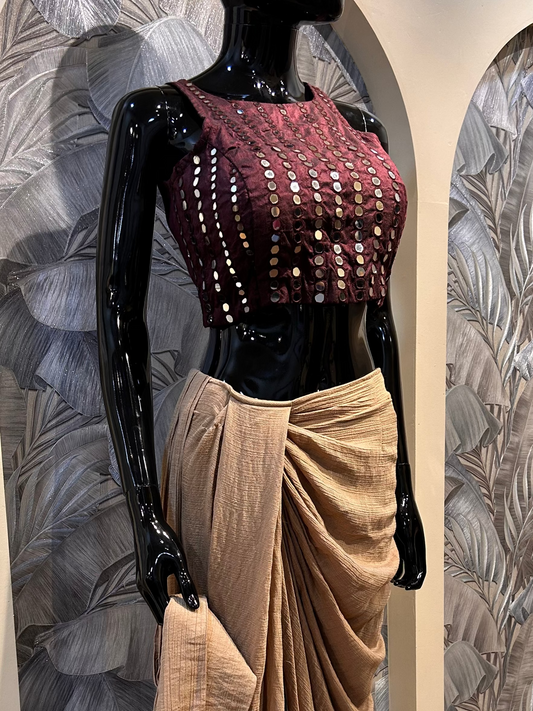Brown and Beige Cotton Drape Set with Mirror Work Blouse
