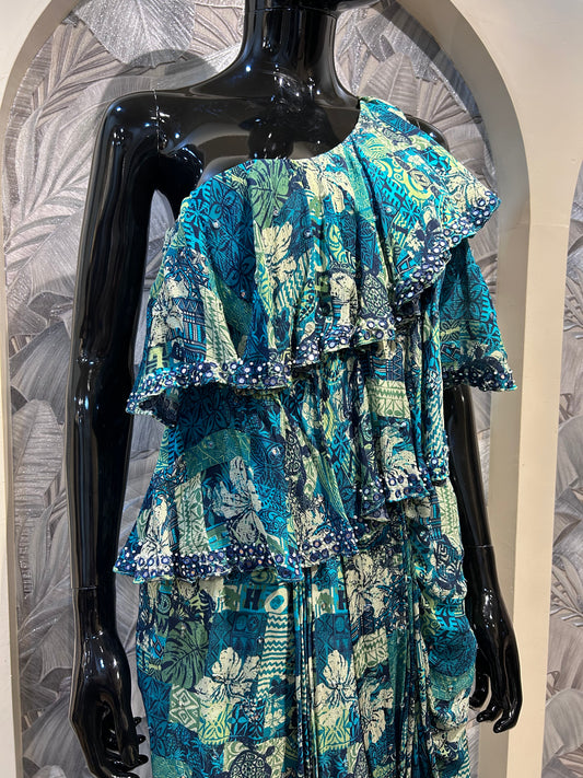 One-shoulder chiffon set with multicolored teal and blue print, layered ruffles, and draped silhouette