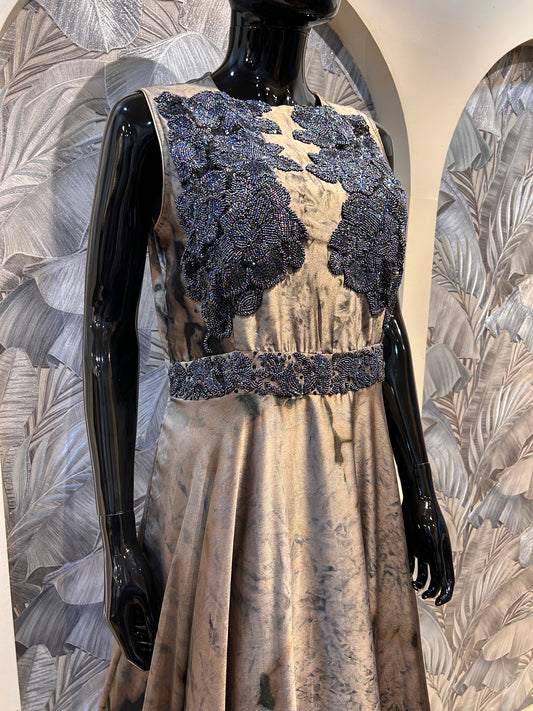 Old burgundy georgette gown with hand-beaded floral appliqué on bodice and marbled dye effect on flowing skirt