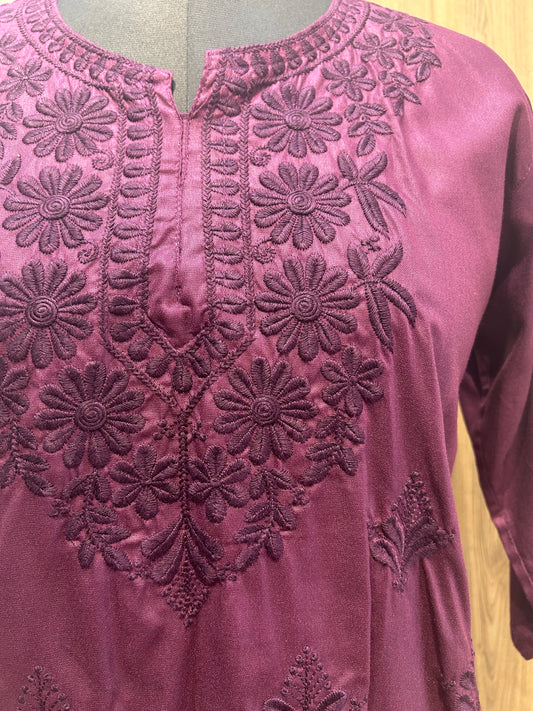 Japanese Violet Cotton Kurti with Floral Thread Embroidery