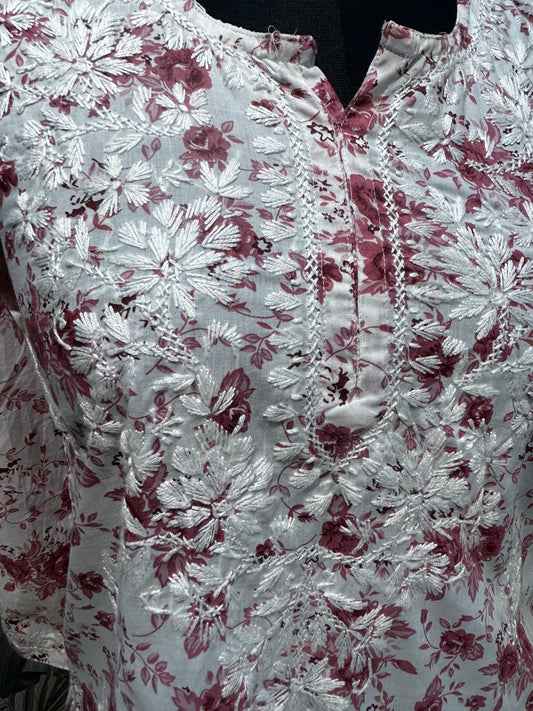 White Cotton Kurti with Mauve and Rose Floral Embroidery