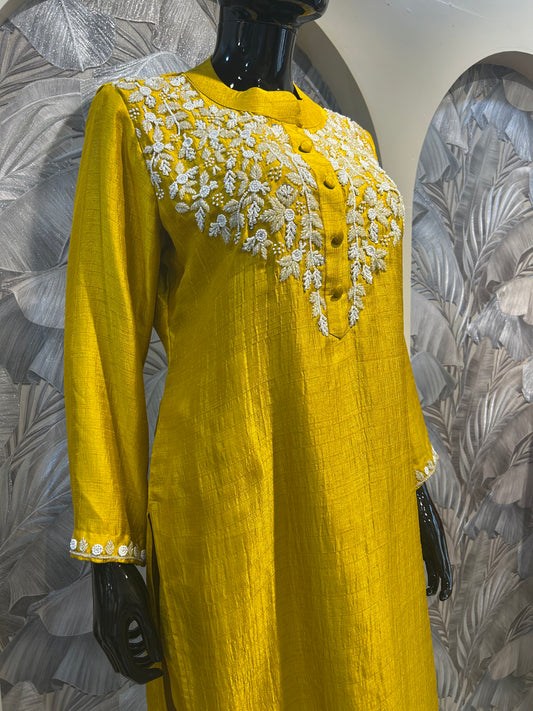 Harvest Gold Silk Suit with White Embroidery