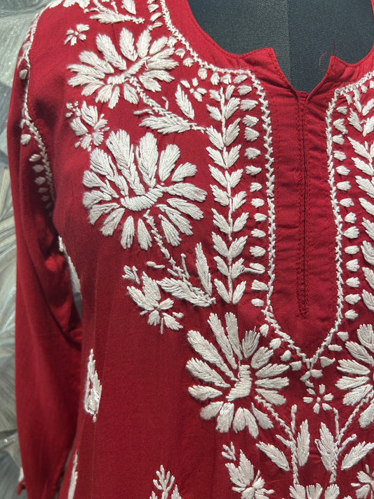Red Cotton Chikankari Kurti