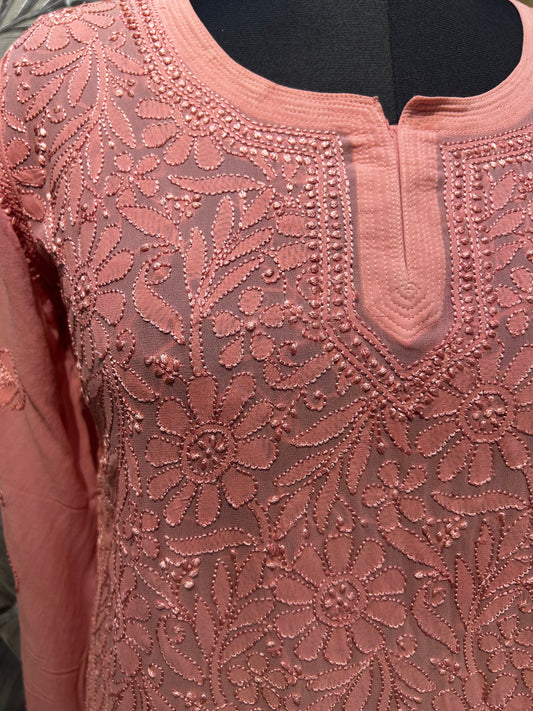New York Pink Chiffon Embroidered Kurti