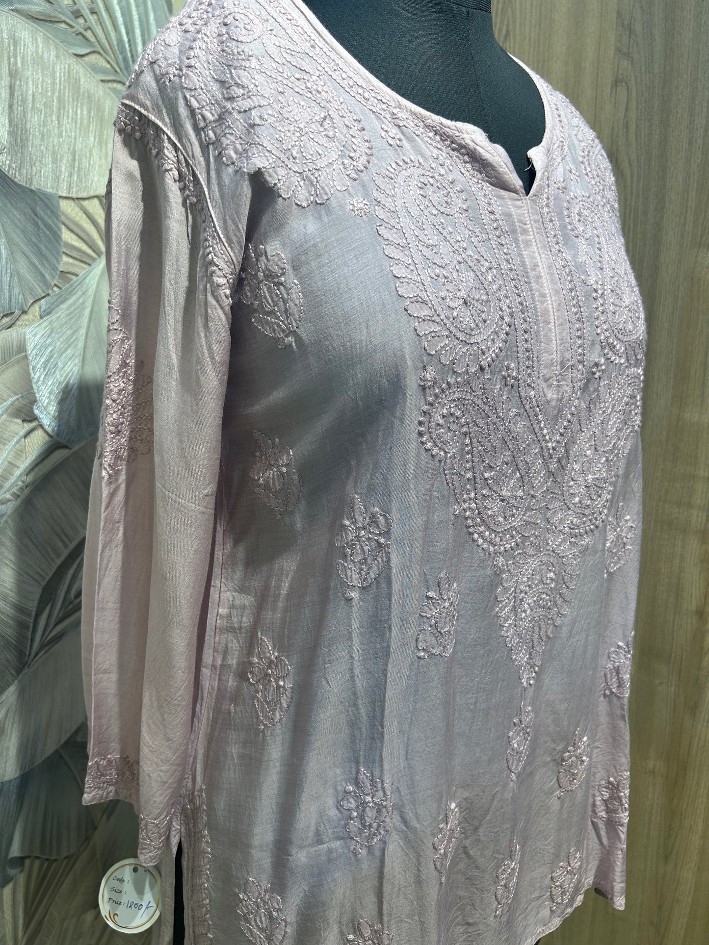 Light Pink Silk Kurti with Hand Embroidered Paisley Work