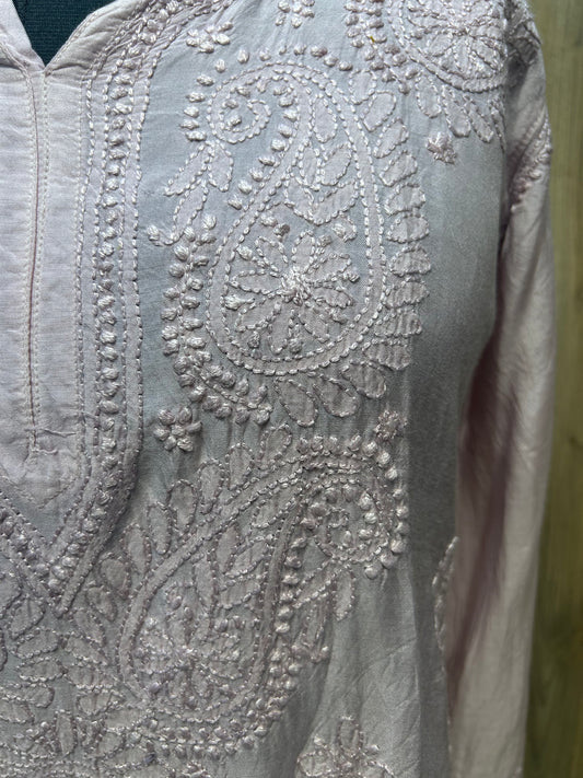 Light Pink Silk Kurti with Hand Embroidered Paisley Work