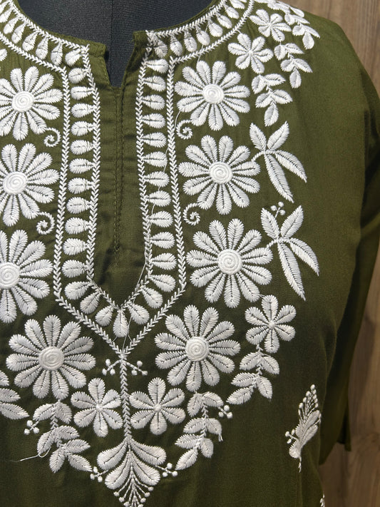 Pullman Green Cotton Kurti with White Floral Embroidery