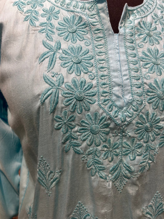 Opal Cotton Kurti with Aqua Floral Embroidery
