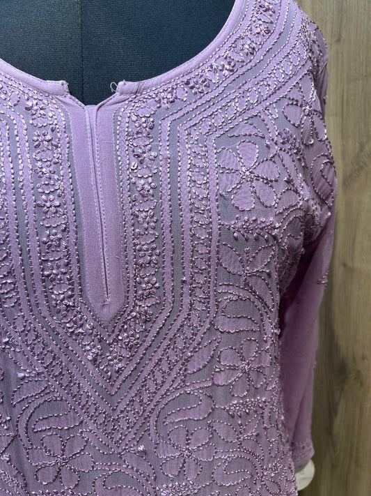 Glossy Grape Georgette Kurti with Intricate Chikan Embroidery