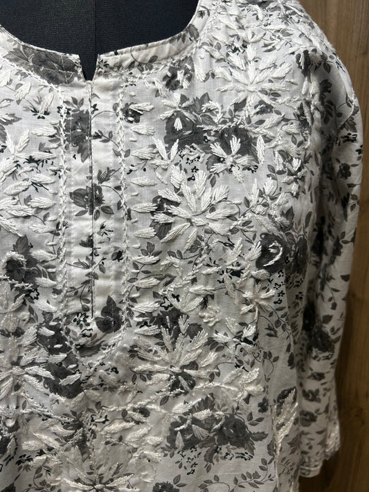 White and Grey Cotton Kurti with Handstitched Floral Detailing