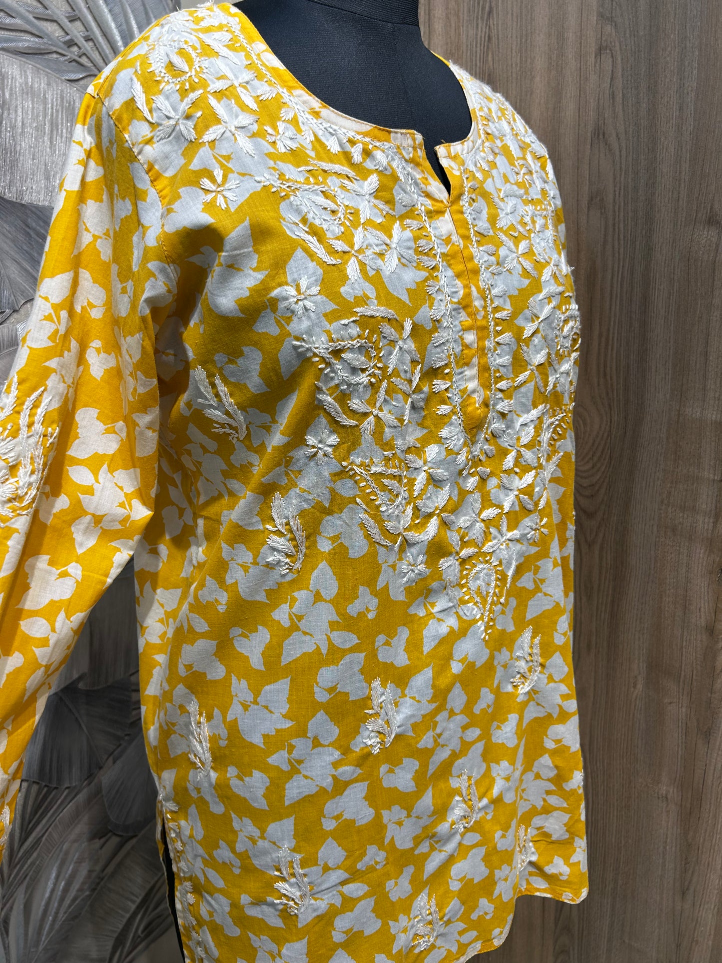 Yellow Cotton Kurti with White Hand Embroidery
