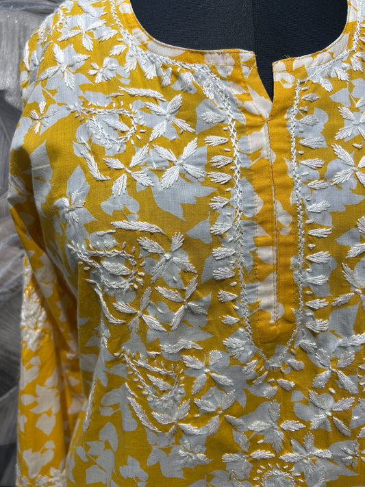 Yellow Cotton Kurti with White Hand Embroidery
