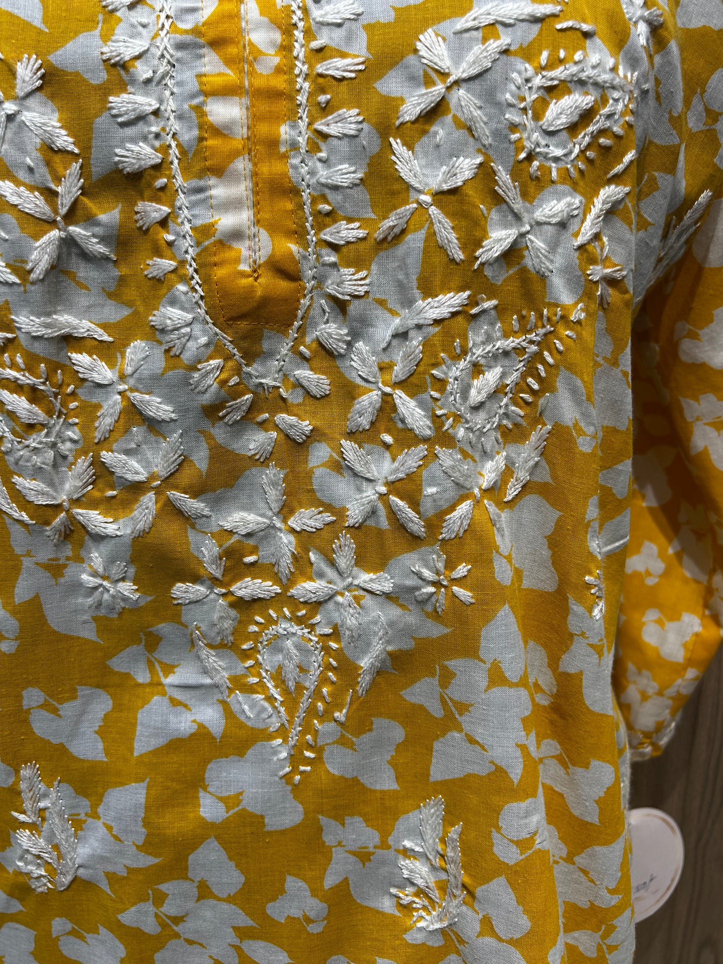 Yellow Cotton Kurti with White Hand Embroidery