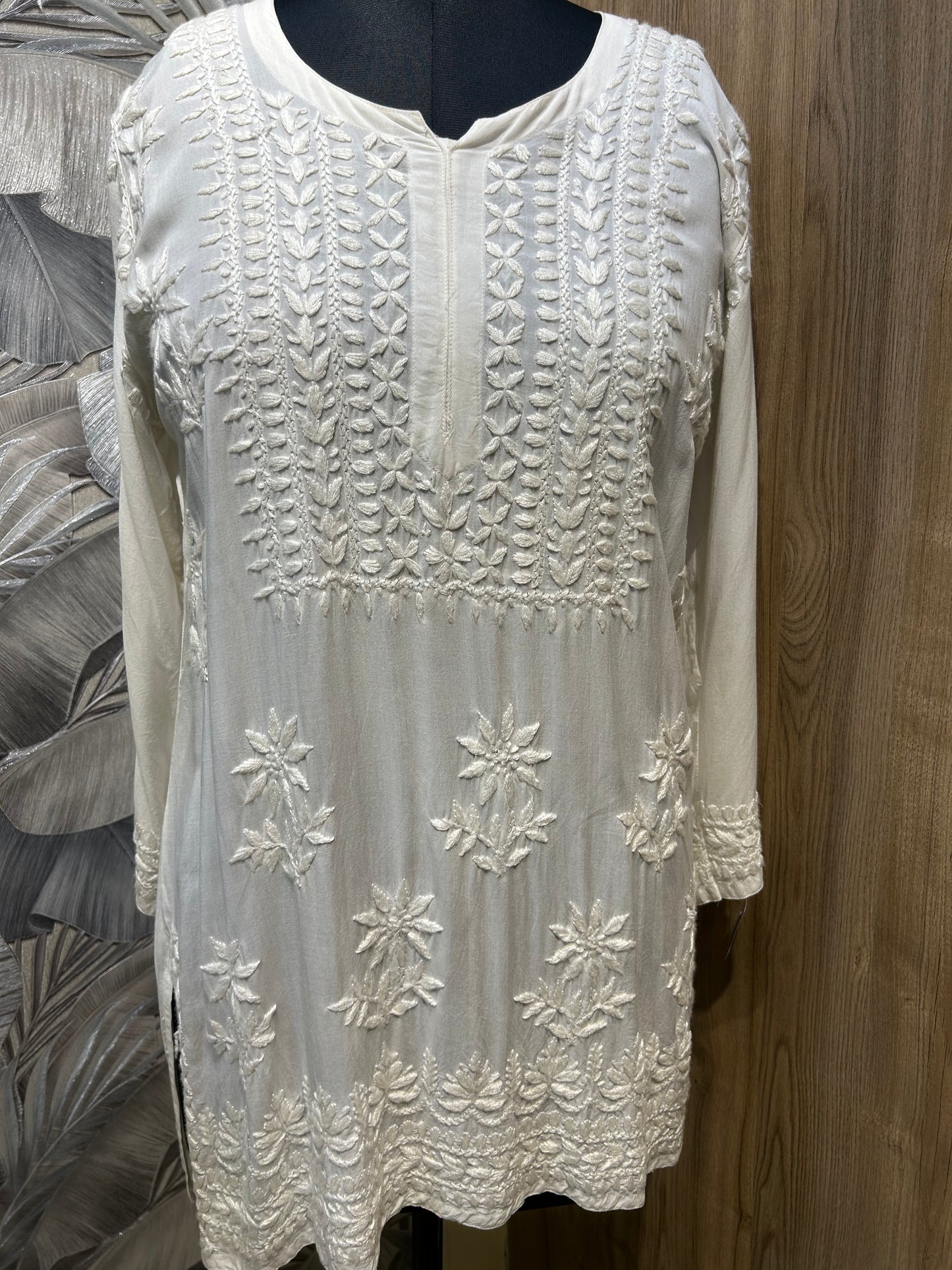 White Hand-Embroidered Silk Kurti