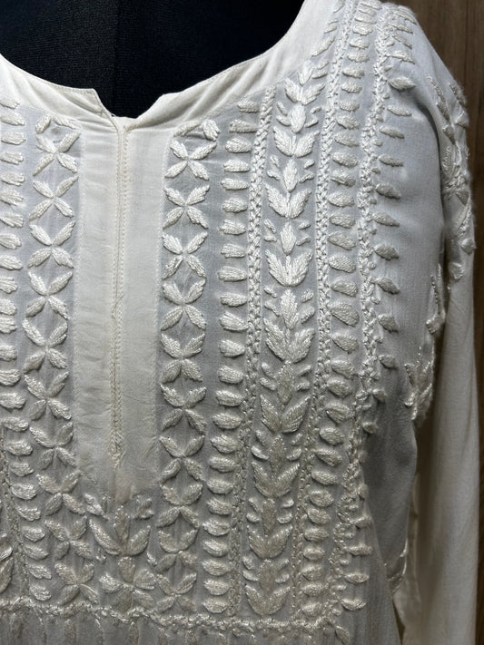 White Hand-Embroidered Silk Kurti