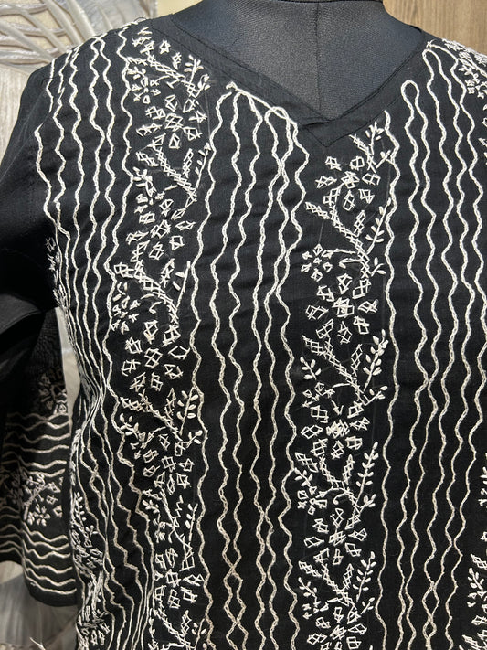 Black Cotton Hand-Embroidered Kurti