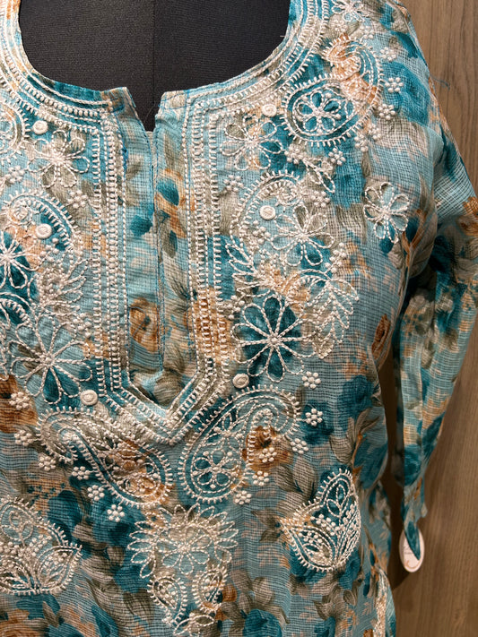 Blue Multicolored Kota Cotton Kurti with Thread Embroidery