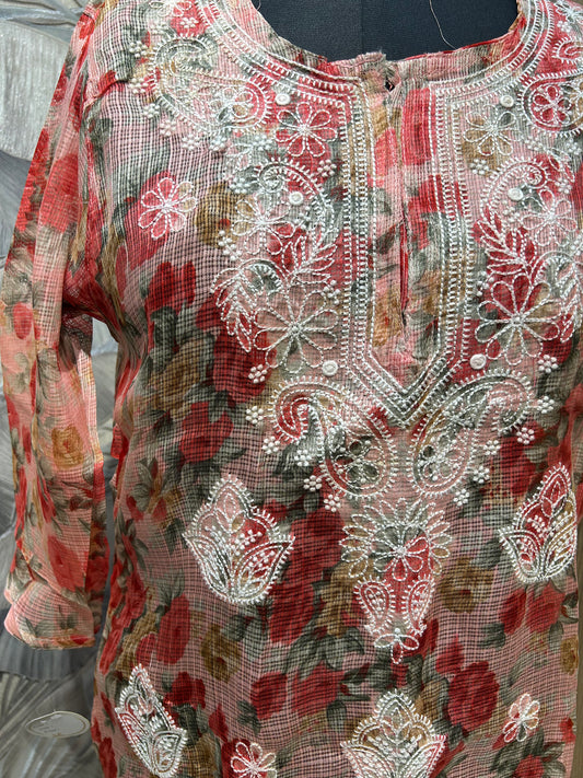 Red Multicolored Kota Cotton Kurti with White Thread Embroidery
