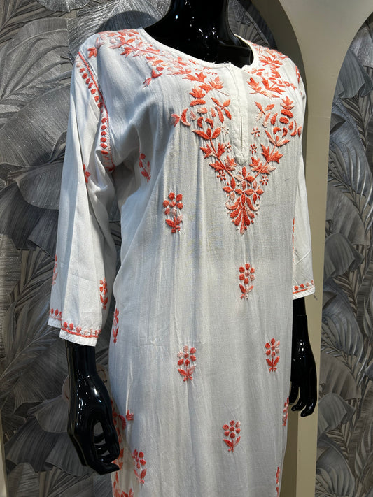 White Cotton Kurta Set with Coral Blush Embroidery