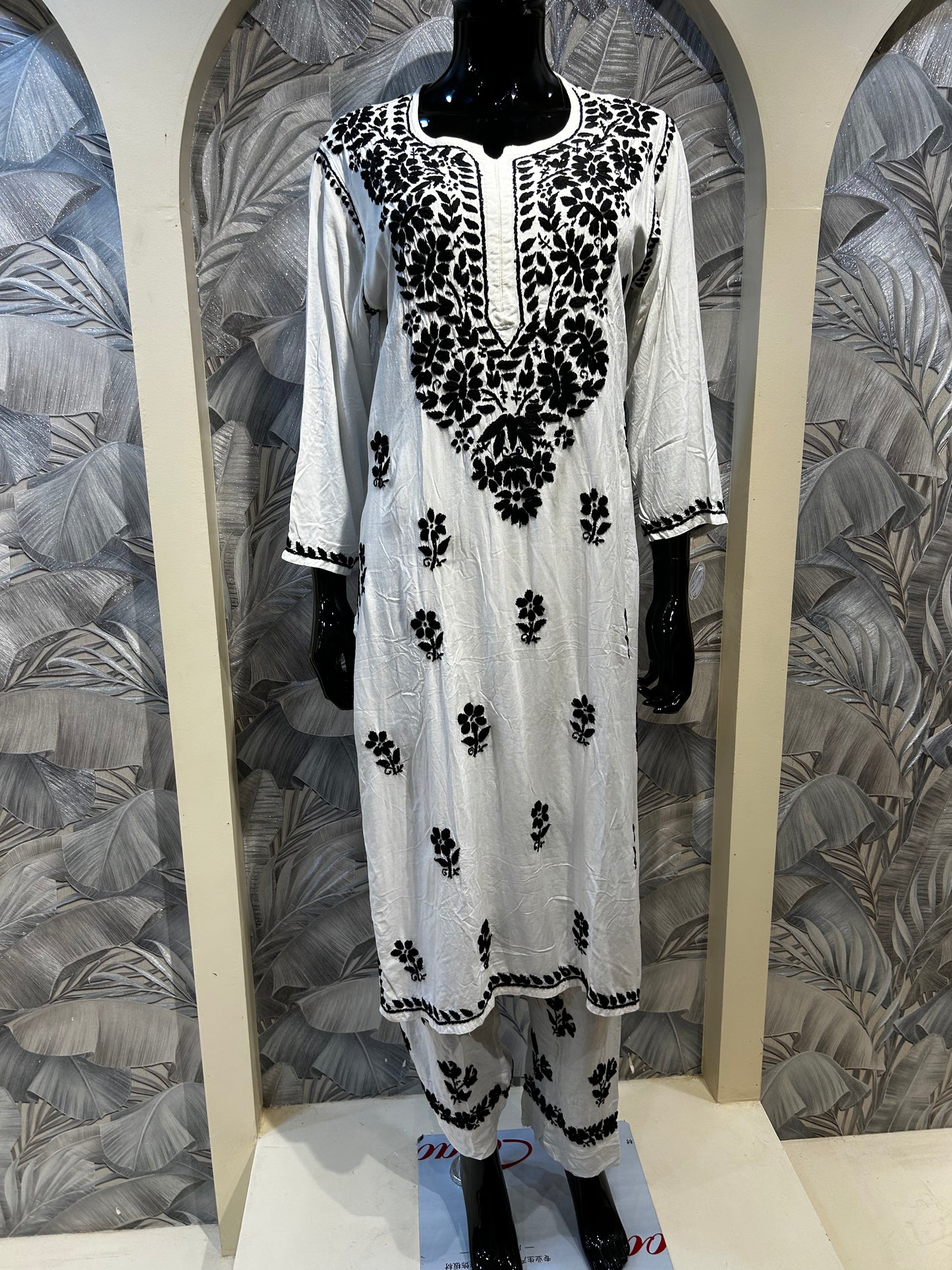 White Cotton Kurta Set with Black Chikankari Embroidery