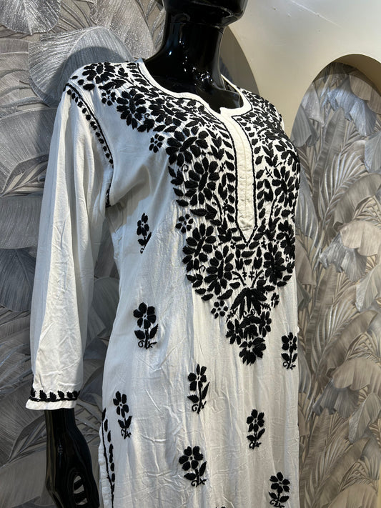 White Cotton Kurta Set with Black Chikankari Embroidery