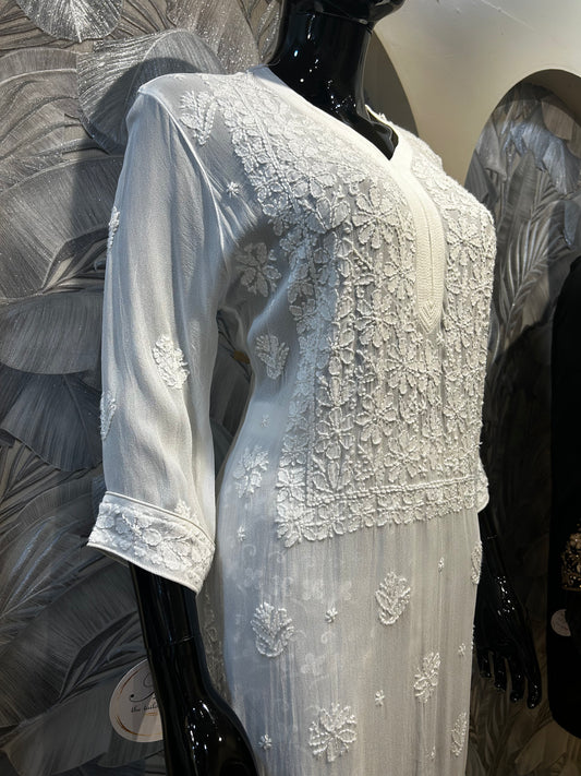White Georgette Chikankari Kurta Set with Cotton Pants