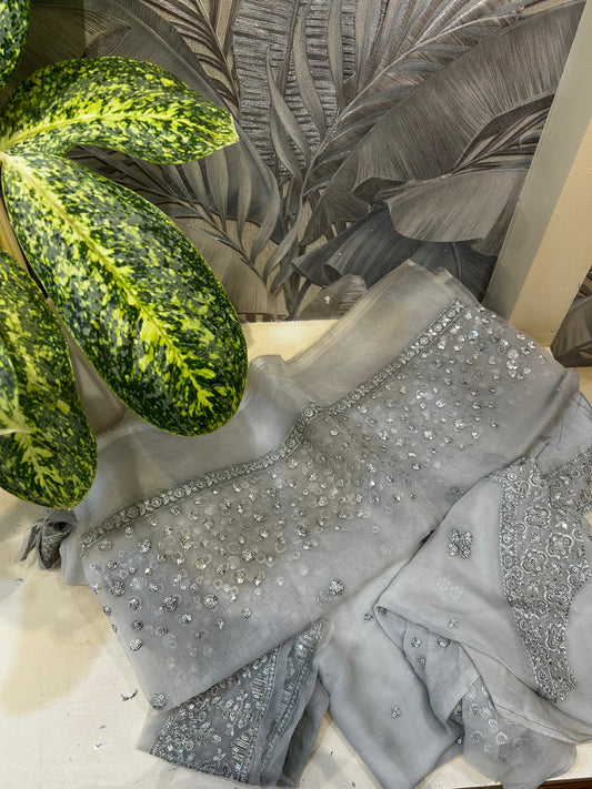 Bright Gray Organza Dupatta Set with Raw Silk Trousers and Chiffon Salwar