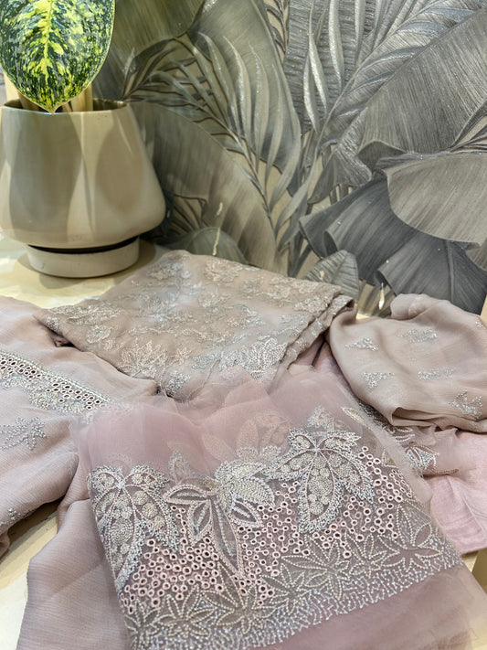 White Coffee Chiffon Dupatta Set with Raw Silk Trousers and Chiffon Salwar