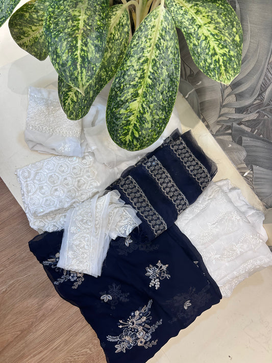 White and Dark Blue Chiffon Dupatta Set with Dyed Grip Trousers