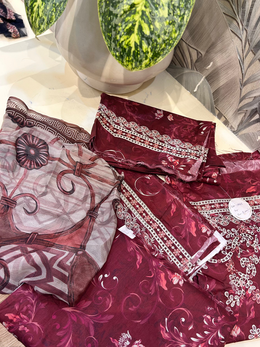 Smoky Topaz Chiffon Dupatta Set with Cotton Trousers and Salwar